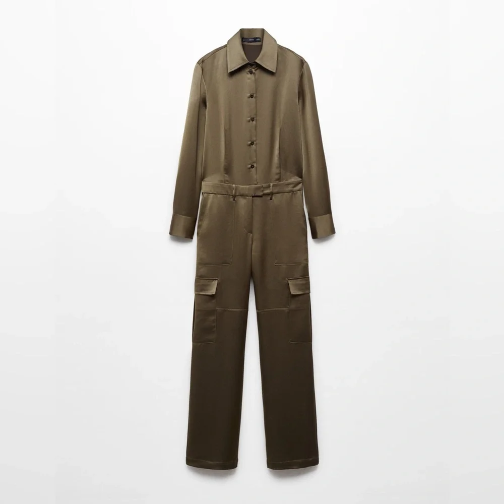 Mango khaki satin jumpsuit NWT